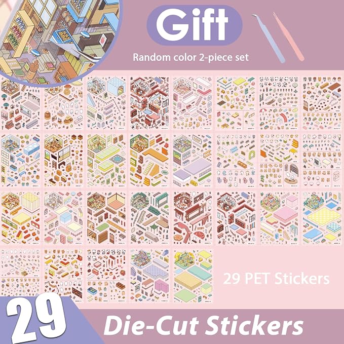 20 in 1 DIY Sticker Book for Adults,Book Stickers 3D Sticker Therapy 3D Scenes,Scene Stickers Include Bakeries, Coffee Shops, Burger Joints, Restaurants