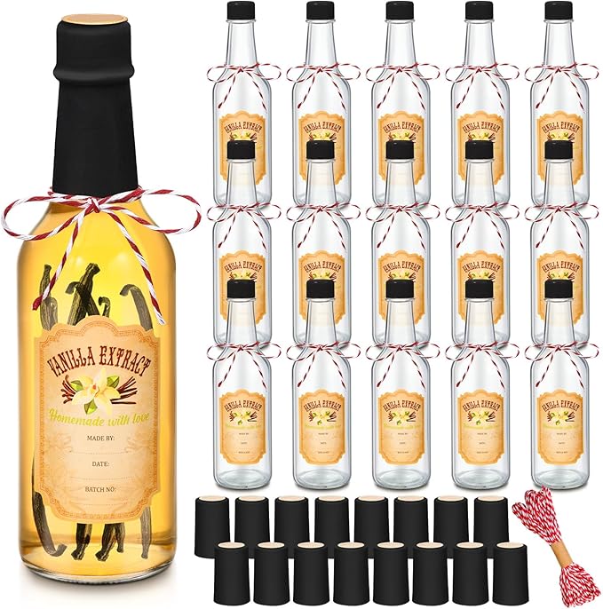 Tioncy 16 Pcs Empty Vanilla Extract Bottles for Homemade Vanilla Jar Glass Bottle with Cap, Shrink Band, Sticker DIY Crafts Wedding Gift Food Storage Canister for Bean(Black,8.5 oz)