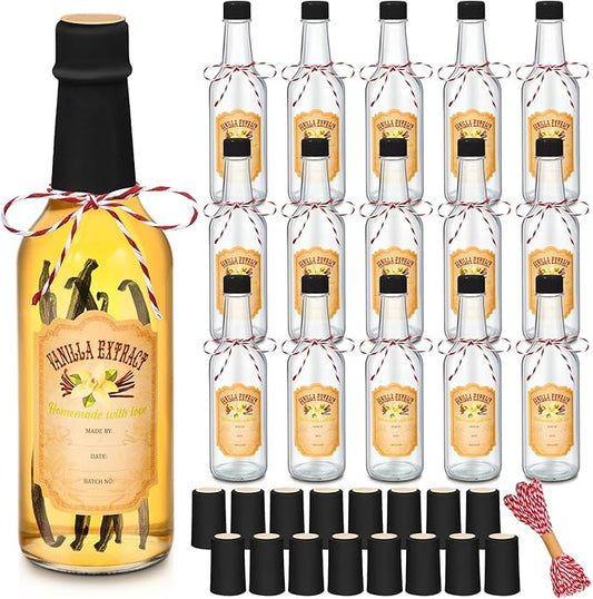 Tioncy 16 Pcs Empty Vanilla Extract Bottles for Homemade Vanilla Jar Glass Bottle with Cap, Shrink Band, Sticker DIY Crafts Wedding Gift Food Storage Canister for Bean(Black,8.5 oz)