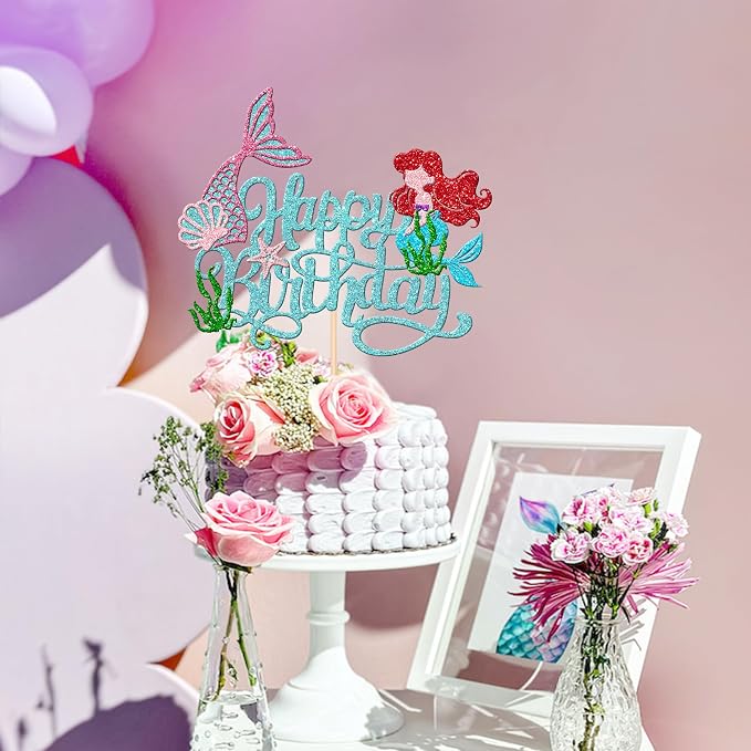 1 PCS Happy Birthday Cake Topper - Starfish, Seawood, Seashells, Mermaid Tail for Under the Sea Mermaid Theme Party Decorations, Blue
