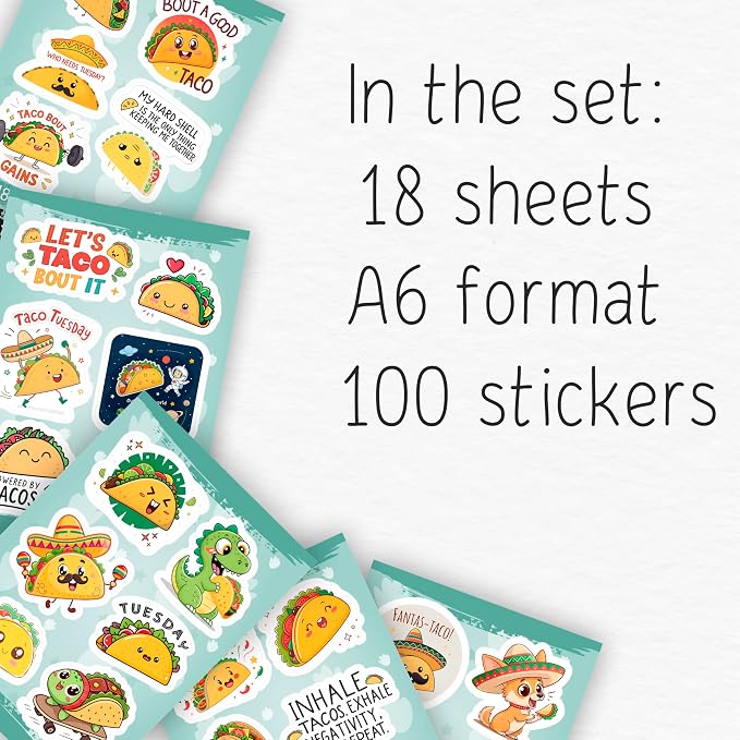 100Pcs Taco Stickers for Adults Vinyl - Mexican Food Stickers for Water Bottles, Scrapbooking, Laptop - Mexican Party Favors, Decorations - Gifts for Taco Lovers - Gift for Women & Men