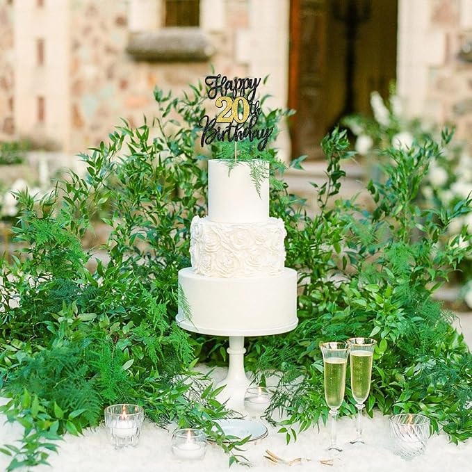 1 PCS Happy 20th Birthday Cake Topper Black Gold Glitter Cheers to 20 Years Birthday Cake Pick 20 Fabulous Cake Decoration for Happy 20th Birthday Anniversary Party Decorations Supplies