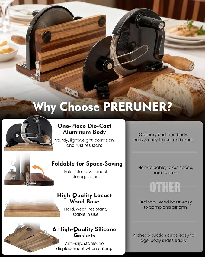 Foldable Manual Bread Slicer, Adjustable Slice, Hand-Cranked Bread Slicer with Ergonomic Handle, Hand Crank Cutter, Durable Aluminum Alloy Body And Sturdy Solid Wood Base-Black