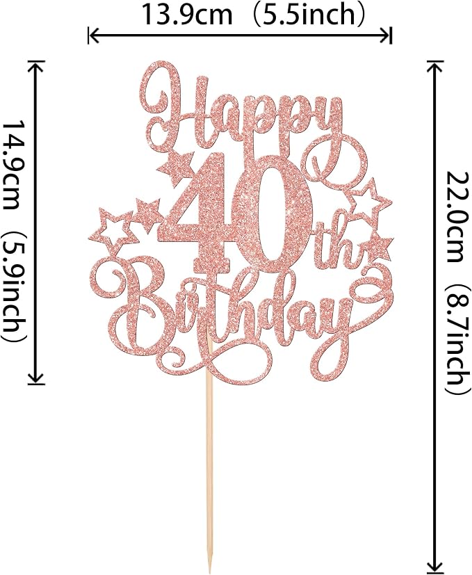 1 PCS Happy 40th Birthday Cake Topper Glitter Cheers to 40 Years Birthday Cake Pick Hello 40 Fabulous Cake Decoration for Happy 40th Birthday Anniversary Party Decorations Supplies Rose Gold