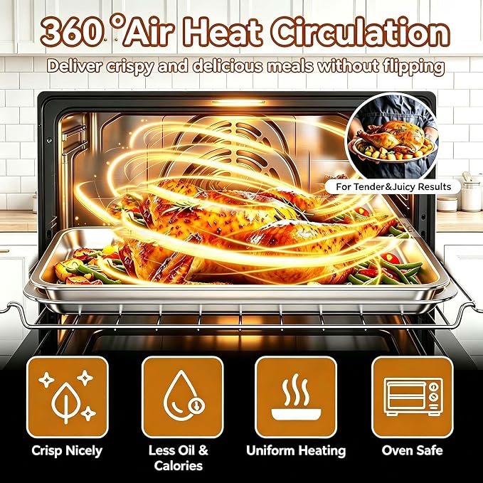 Baking Sheet Pan Set of 2, 12.4"x11" Stainless Steel Air Fryer Pan Replacement Tray for Cuisinart TOA-060 and TOA-065 TOA-70 Toaster Oven Accessories Parts for Cooking Bread and Broiling, NonStick