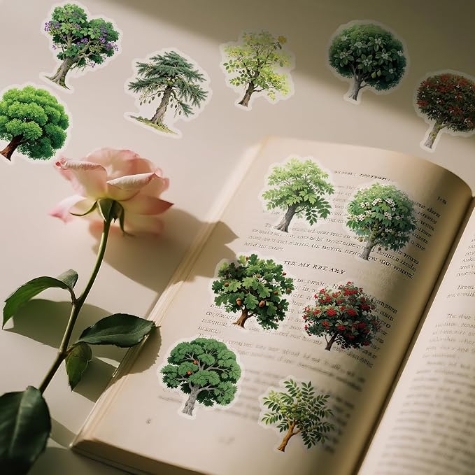 56 pcs Tree Plant Clear PET Stickers, Four Seasons Forest Leaf Palm Transparent Die-Cut Decals, Waterproof Aesthetic Stickers for Journal Scrapbook Planner Nature DIY Craft Decor