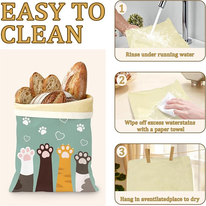 2 Pack Reusable Beeswax Funny Cat Feet Bread Bags, Sourdough Bread Heart Paws Storage for Homemade, Freezer Storage Bag to Keep Fresh, Baguette Bag with Beeswax Liner Kitchen Baking