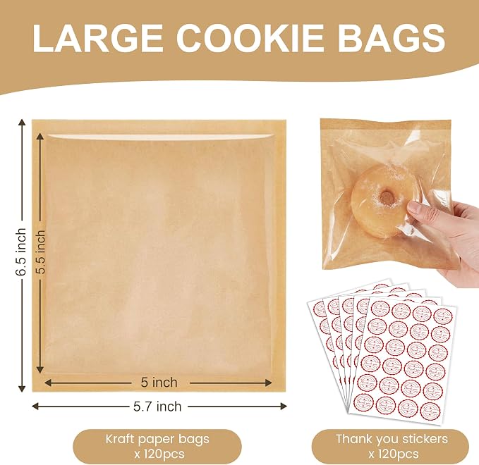120 Pack Cookie Bags with Seal and Stickers | 5.7 x 6.5 Inch Paper Bakery Bags with Window, Heat-Sealable, Greaseproof Paper Bags Perfect for Treat, Donuts and Scones