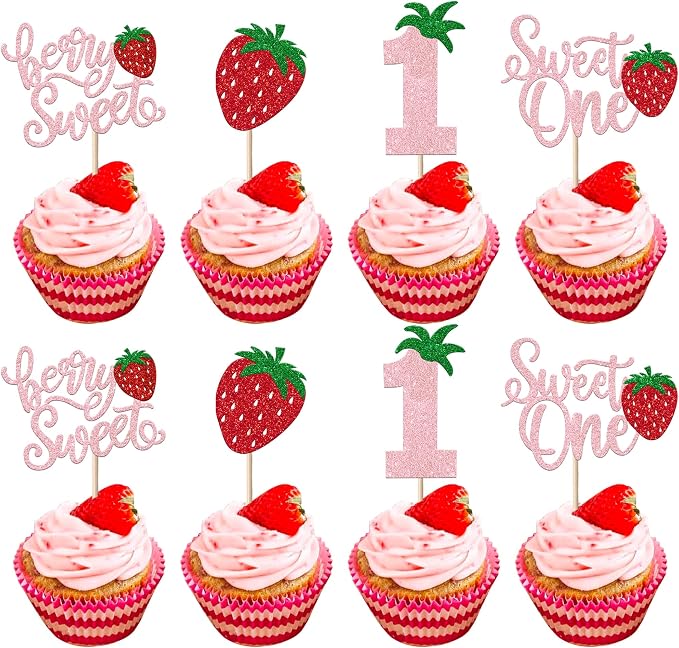 24 Pack Sweet One Cupcake Toppers Glitter First Birthday Strawberry Cupcake Picks for Fruit Baby Shower 1st Birthday Berry Sweet Cupcake Decorations Party Supplies Pink