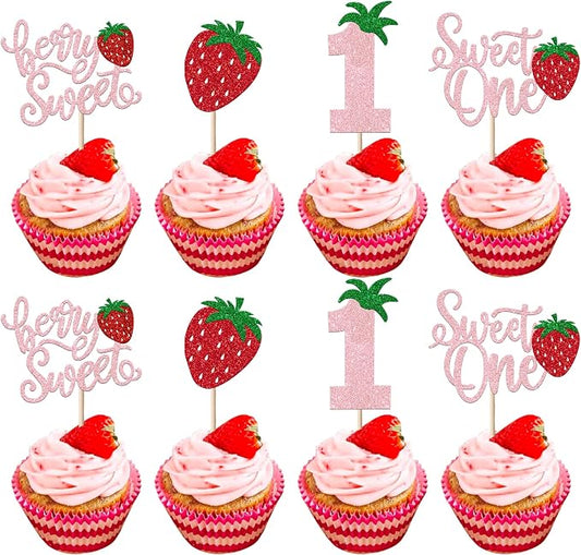 24 Pack Sweet One Cupcake Toppers Glitter First Birthday Strawberry Cupcake Picks for Fruit Baby Shower 1st Birthday Berry Sweet Cupcake Decorations Party Supplies Pink