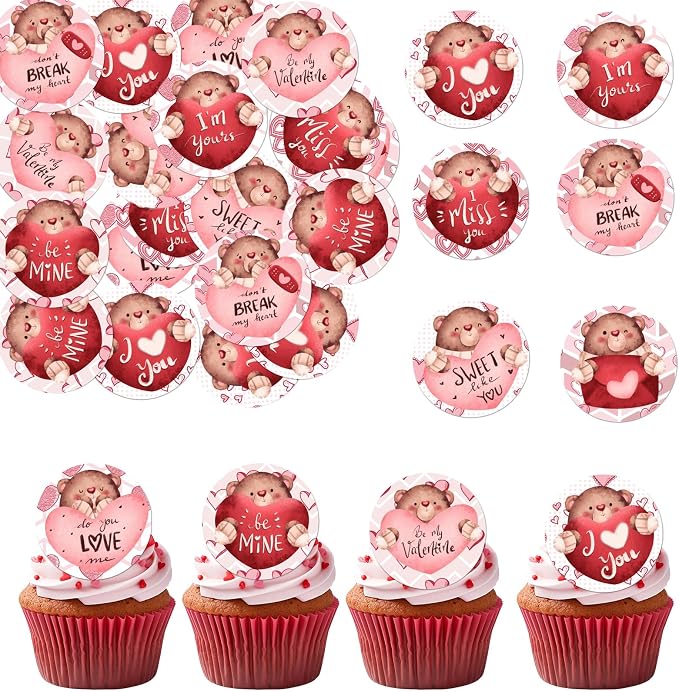 48PCS Edible Valentine's Day Bear Cupcake Toppers Wafer Paper I Love You Sweet Love Heart Cupcake Picks Be My Valentine Cake Decor for Valentine's Day Theme Party Decor Supplies