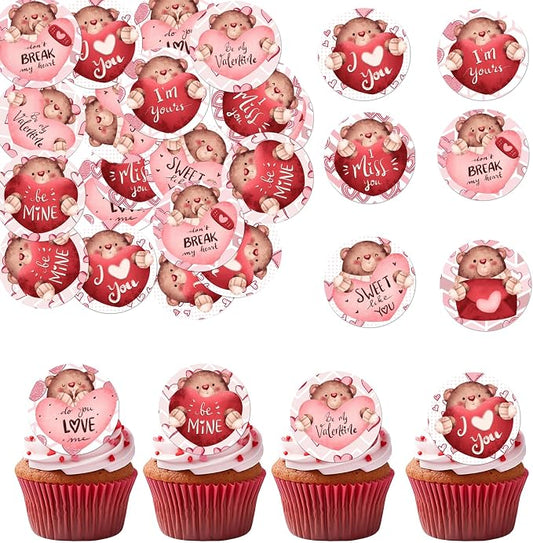 48PCS Edible Valentine's Day Bear Cupcake Toppers Wafer Paper I Love You Sweet Love Heart Cupcake Picks Be My Valentine Cake Decor for Valentine's Day Theme Party Decor Supplies