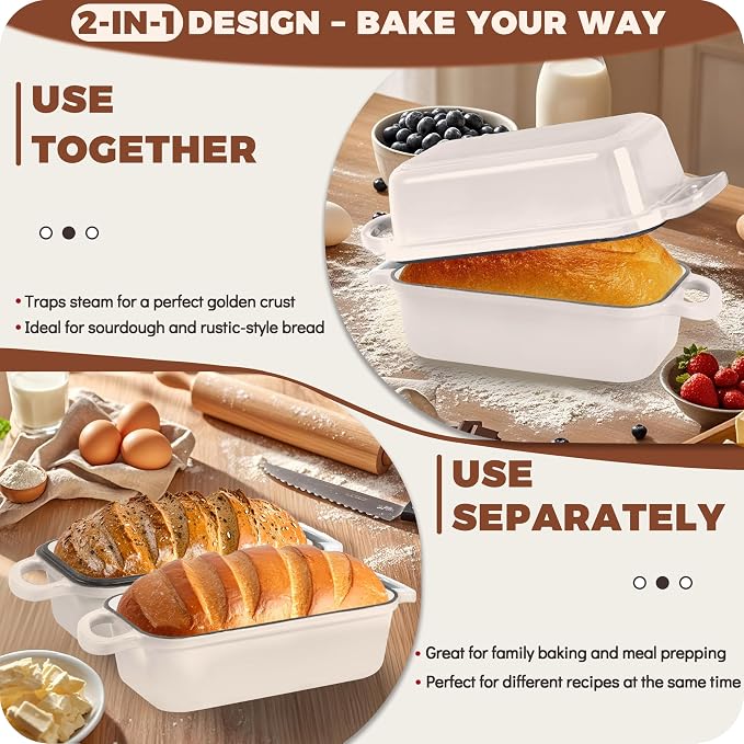 Cast Iron Bread Loaf Pan with Lid, Loaf Pans for Baking Bread 9x5, Enameled Bread Pans for Homemade Bread, Sourdough, Set of 2, Cream