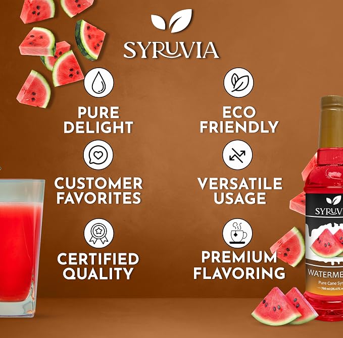 Syruvia Watermelon Syrup, Flavored Syrup for Cocktails, Fruit Drinks, Lemonades, and Desserts – 25.4 fl oz - with Pump