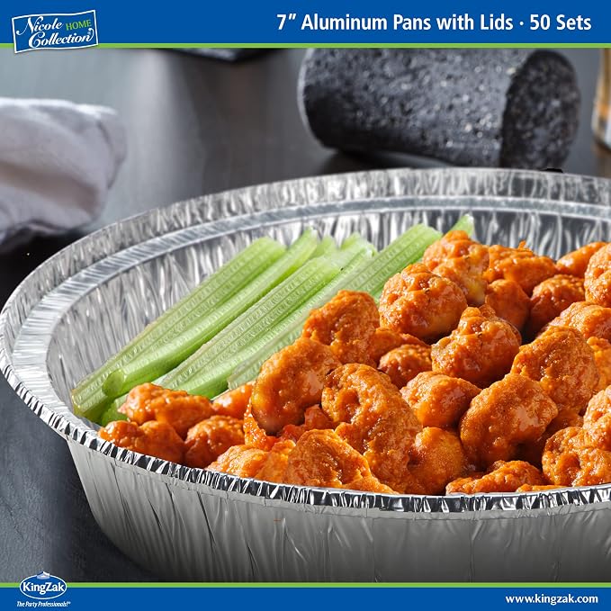 Nicole Home Collection Aluminum Pans 7” Round Disposable Foil Pans With Lids (50 Pack) – 7 Inch Round Disposable Takeout Pans With Board Lids (7" Inch Round)