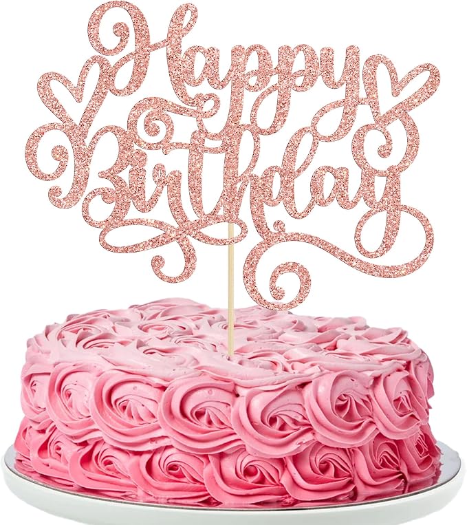 Gyufise 1Pcs Happy Birthday Cake Topper Glitter Cake Pick for Celebrating Anniversary Party Cake Decorations Supplies Rose Gold