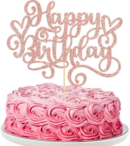 Gyufise 1Pcs Happy Birthday Cake Topper Glitter Cake Pick for Celebrating Anniversary Party Cake Decorations Supplies Rose Gold