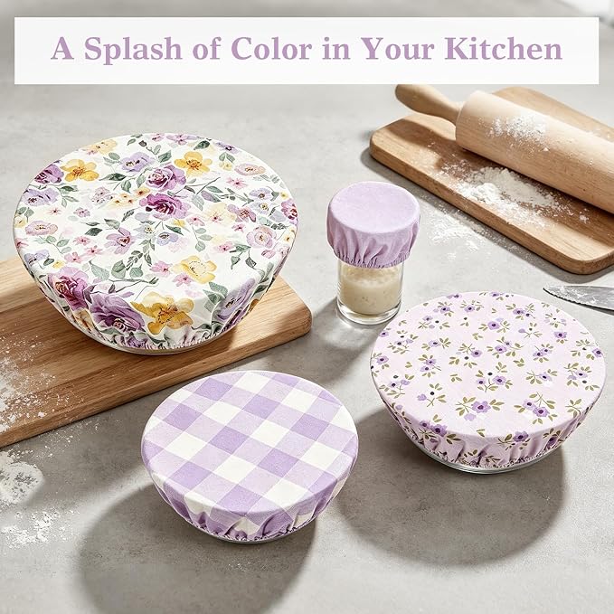 Reusable Bowl Covers for Bread Proofing 4pcs,Linen Cotton Sourdough | Breathable,Fabric,Shower Caps,Accessories,Supplies,Food Lids,Fruit Storage,4"-14",Purple,Checkered,Flower,Large
