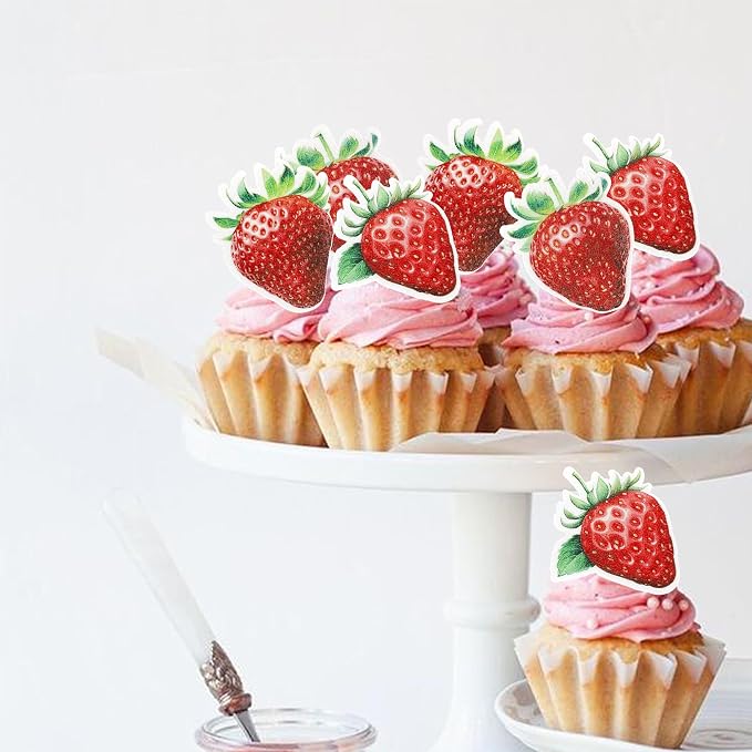 60 PCS Edible Strawberry Cupcake Toppers Wafer Paper Sweet Strawberry Birthday Cake Decorations Edible Berry Strawberry Cupcake Picks for Baby Shower Wedding Birthday Party Food Decorations Supplies
