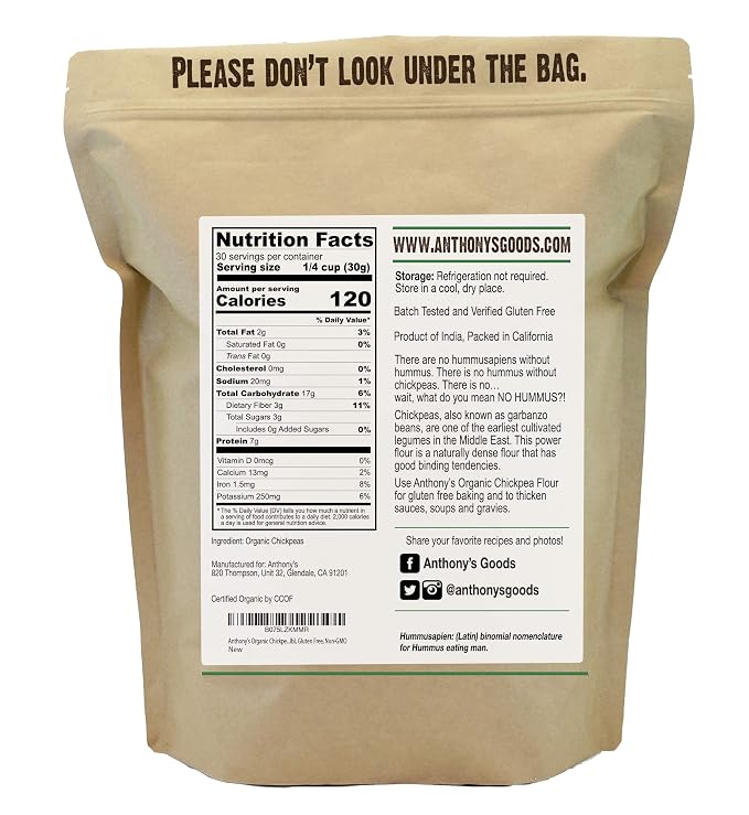 Anthony's Organic Chickpea Flour, Garbanzo Bean Flour, 2 lb, Gluten Free, Non GMO