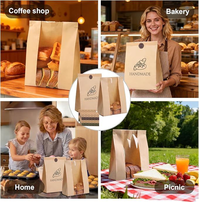 88 Pack Paper Bread Bags for Homemade Baking - Tin Tie Tab Lock Sourdough Bag, Large Loaf Packaging With Clear Window for Storage - 90 Label Seal Stickers for Bakery Use