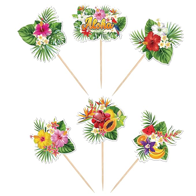 30 PCS Tropical Cupcake Toppers Summer Hawaiian Plants Flowers Fruits Cupcake Picks Luau Palm Leaves Cupcake Decorations for Tropical Aloha Theme Baby Shower Birthday Party Cake Decorations Supplies