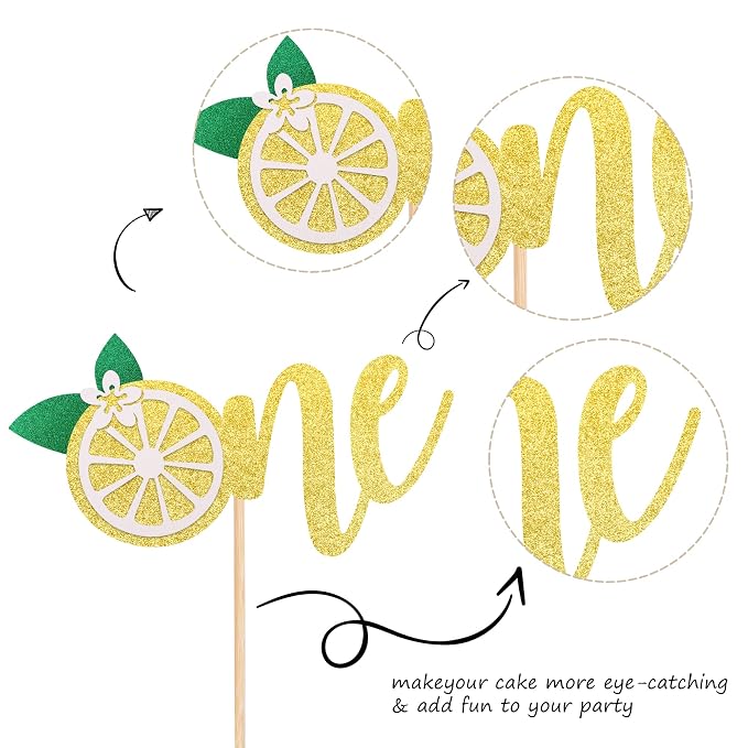 1 PCS Lemon 1st Birthday Cake Topper Glitter One Cake Pick Fruit Theme Lemonade Party First Birthday Decorations for Baby Shower Kids Boys Girls Party Supplies Gold