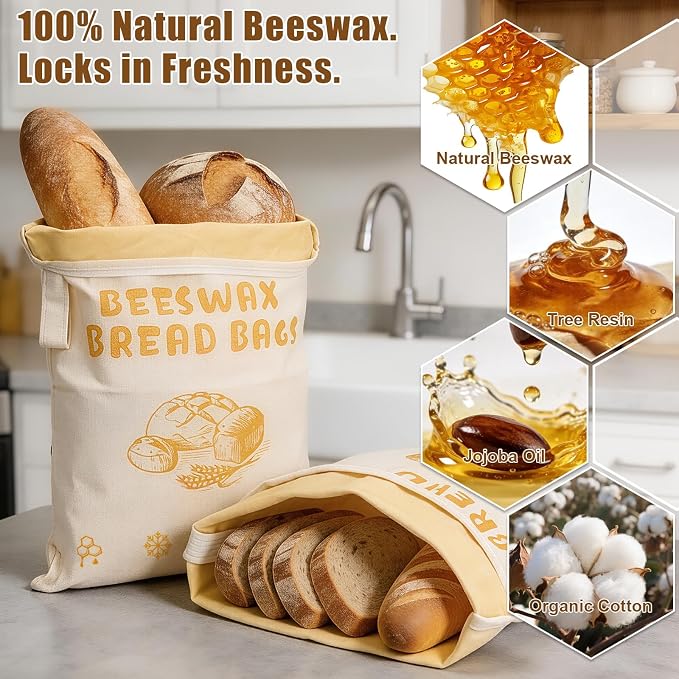 2 Pack Beeswax Bread Bags for Sourdough, Reusable Bread Bag with Wide Zipper, 16×12 Inch Large Capacity Cotton Bread Storage Bags for Homemade Bread Freezer-Friendly & Freshness Preservation