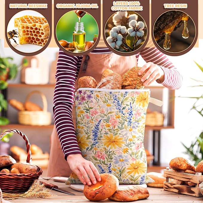 Hahafelt 2 Pack Beeswax Bread Bags for Homemade Sourdough Bread 17" x 13" Wide Zipper Access Organic Beeswax Linen Cotton Food Storage Bag with Sealing Zip to Keep Fresh (Flower)