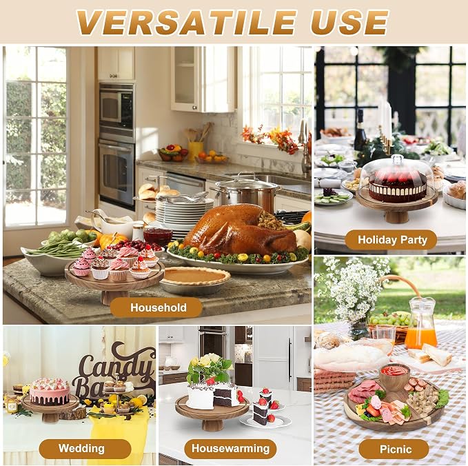 Acacia Wood Cake Stand with Lid, 12'' Round Cake Holder with Clear Acrylic Cover, 2 in 1 Dessert Table Display Set & Charcuterie Board, Kitchen Decor for Birthday or Wedding