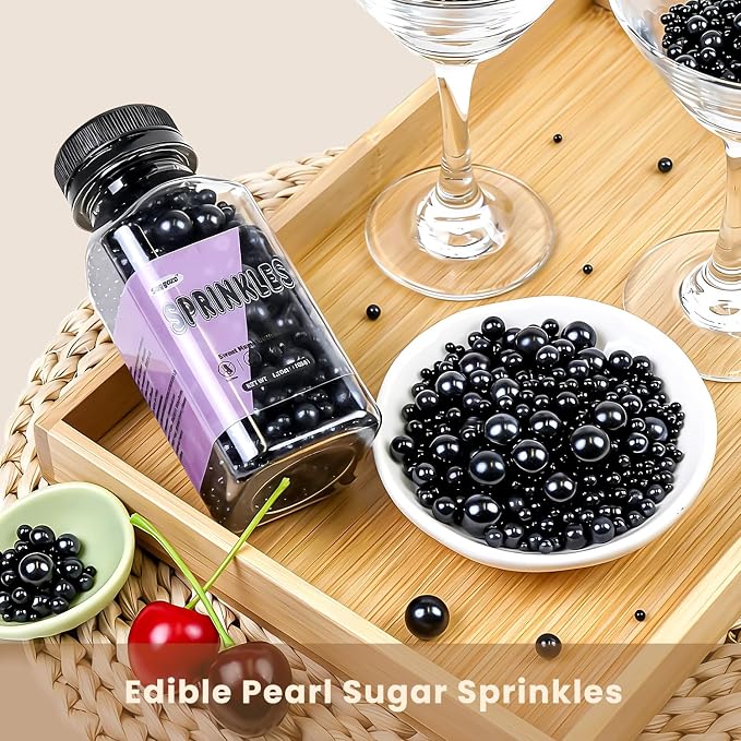Edible Black Pearl Sugar Sprinkles, Black Pearl Sprinkles for Cake Decorating, 180g/6.35oz, Cupcake Toppers, Cake Decorations, Ice Cream, Wedding Party Halloween Supplies
