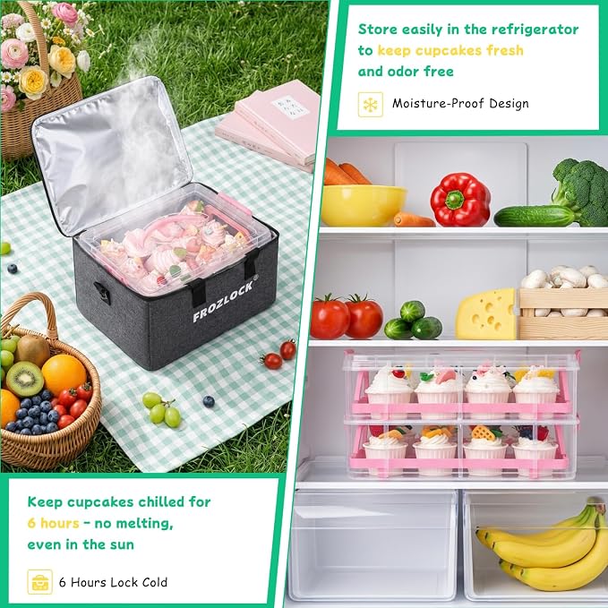 Cupcake Carrier 24 Count, Cupcake Holder With Lid And Handles, 2-Layer Cupcakes Storage Containers, Travel Cupcake Transport Container With Portable Insulated Bag And 200pcs Cupcake Liners (Pink)