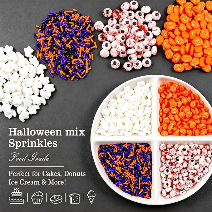 Halloween Sprinkles for Cake Decorating, Edible Candy Eyeballs, Pumpkin Sugar Sprinkles Mix, 160g/5.64oz, Perfect for Cake Decoration, Cupcake Decorations Cookies Toppings