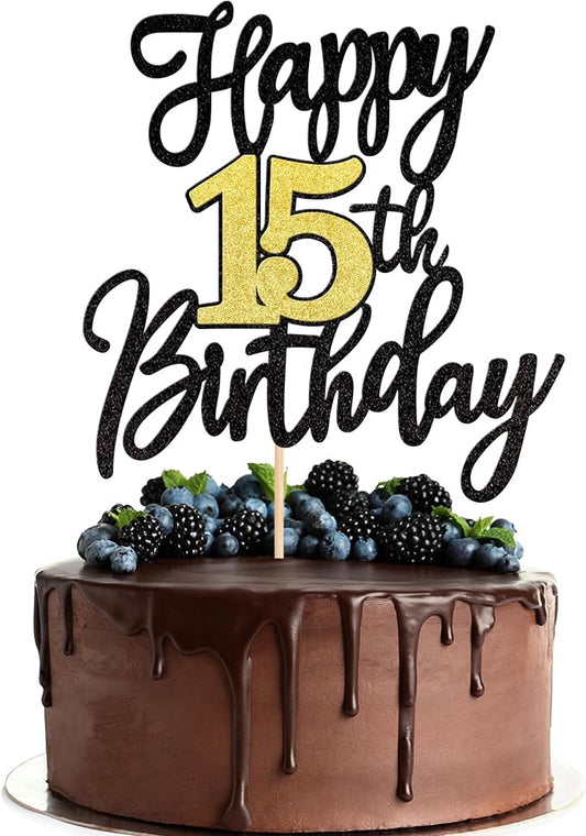 1 PCS Happy 15th Birthday Cake Topper Black Gold Glitter Cheers to 15 Years Birthday Cake Pick 15 Fabulous Cake Decoration for Happy 15th Birthday Anniversary Party Cake Decorations Supplies