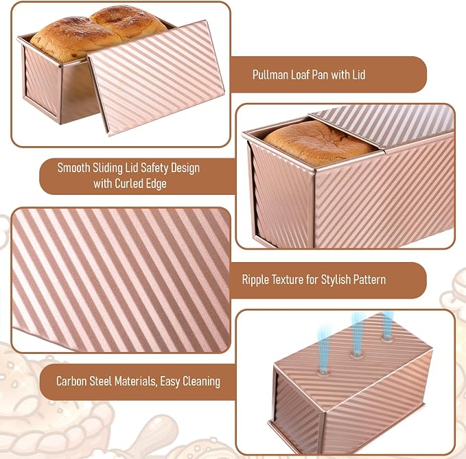 3 Pcs Pullman Loaf Pan with Lid, 2.2LB 1LB 0.5LB Non-Stick Carbon Steel Sandwich Sourdough Bread Pans Golden Corrugated Toast Mold for Homemade Baking Bread