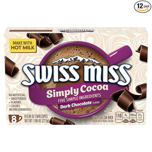 Swiss Miss Simply Cocoa Dark Chocolate Flavored Hot Cocoa Mix, Hot Cocoa Bar Supplies, 0.96 oz., 8-Count Envelopes (12 Boxes)