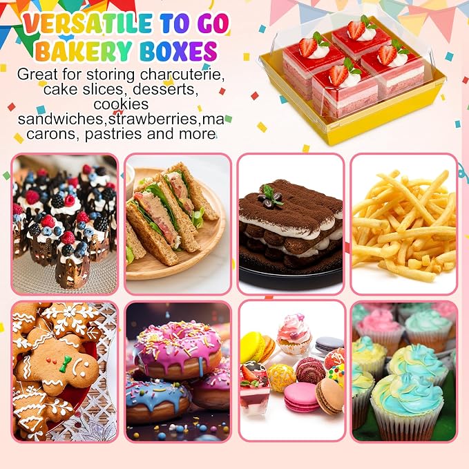 Vesici 144 Pcs 5 Inch Rainbow Small Charcuterie Boxes with Clear Lids Gay Pride Cake Slice Containers Paper Bakery Boxes Disposable Food Containers for Dessert Cookie Sandwich Mini Cake Strawberry