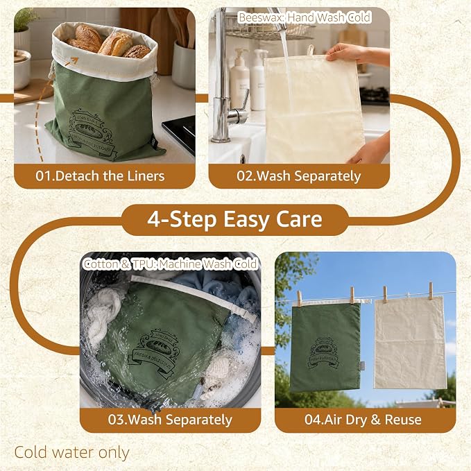 Bread Bags for Homemade Bread & Sourdough - 2 Pack Reusable Beeswax Bread Bags, 100% Cotton with Detachable Liner & TPU Freezer Bag, 17x14in, Freezer Safe & Washable