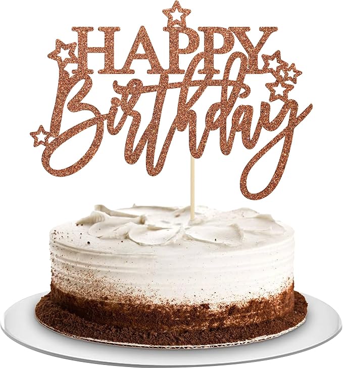 Gyufise 1Pcs Happy Birthday Cake Topper Glitter Cake Pick for Celebrating Anniversary Theme Party Cake Decorations Supplies Light Brown