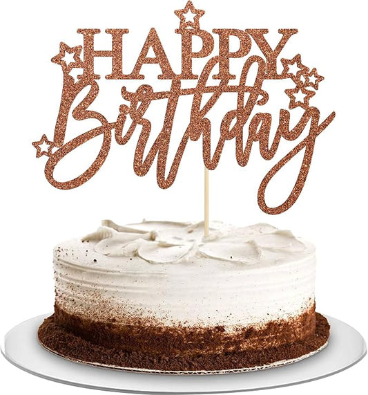 Gyufise 1Pcs Happy Birthday Cake Topper Glitter Cake Pick for Celebrating Anniversary Theme Party Cake Decorations Supplies Light Brown