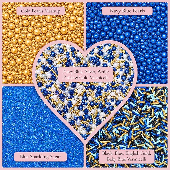 Confect Edible Sprinkles – Marine Royalty Theme – Assorted Pack with Navy Blue & Champagne Gold Dragees, Gold Jimmies & Bright Blue Sparkling Sugar – Sprinkles for Cake Decorating- Vegan, Gluten-Free, Nut-Free, Soy-Free, Dairy-Free, Palm Oil-Free-5 Oz