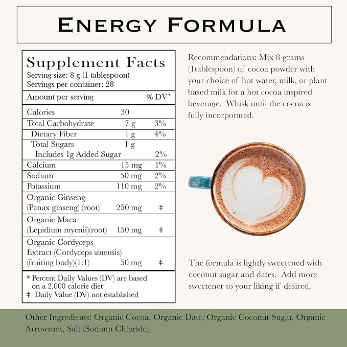 Herbal Roots Organic Energy Functional Cocoa Beverage Powder - Ginseng, Maca, Cordyceps - Sweetened with Dates and Coconut - 28 servings