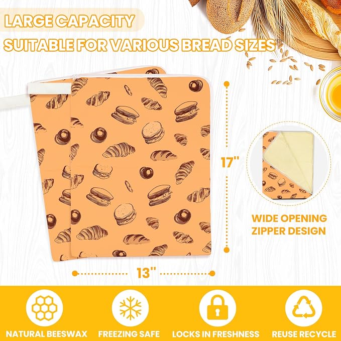 2 Pack Wide Zipper Access Beeswax Bread Bags for Sourdough Bread, Reusable Organic Linen Beeswax Bread Bag for Homemade Sourdough for Homemade Bag to Keep Fresh Longer, Kitchen Storage (Brown)
