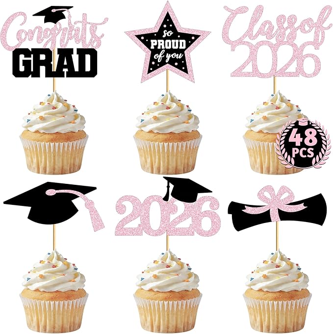 48 PCS Grad Cupcake Toppers, 6 Styles Graduation Cake Topper, Congrats Glittery Graduation Decorations 2026, Black and Pink Cap and Diploma Cake Picks for Grad Party Supplies