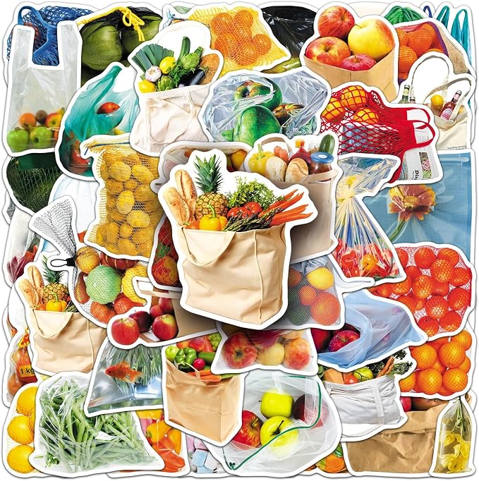50 Pcs Bagged Food -Fruit and Vegetable Stickers Pack - Cute Cartoon Produce Decals in a Bag for Kids Learning, Kitchen Labels, Healthy Eating - Teacher & Parent Supplies (Bagged Food)