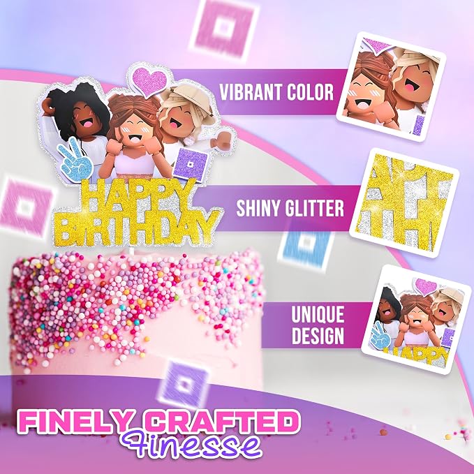 1 Pc Girl Gamer Cake Topper Happy Birthday - 8.27 x 6.3in Video Game Cake Topper Made from Cardboard with Bright Glitter - Pre-Assembled, Gamer Birthday Party Decorations for Dessert Table Setups