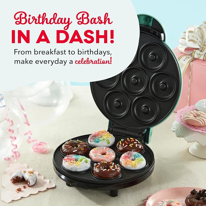 Dash Express Mini Donut Maker - Homemade Dessert Maker - Features Double-Sided, Non-Stick Surface & Space-Saving Design - Makes 7 - Aqua