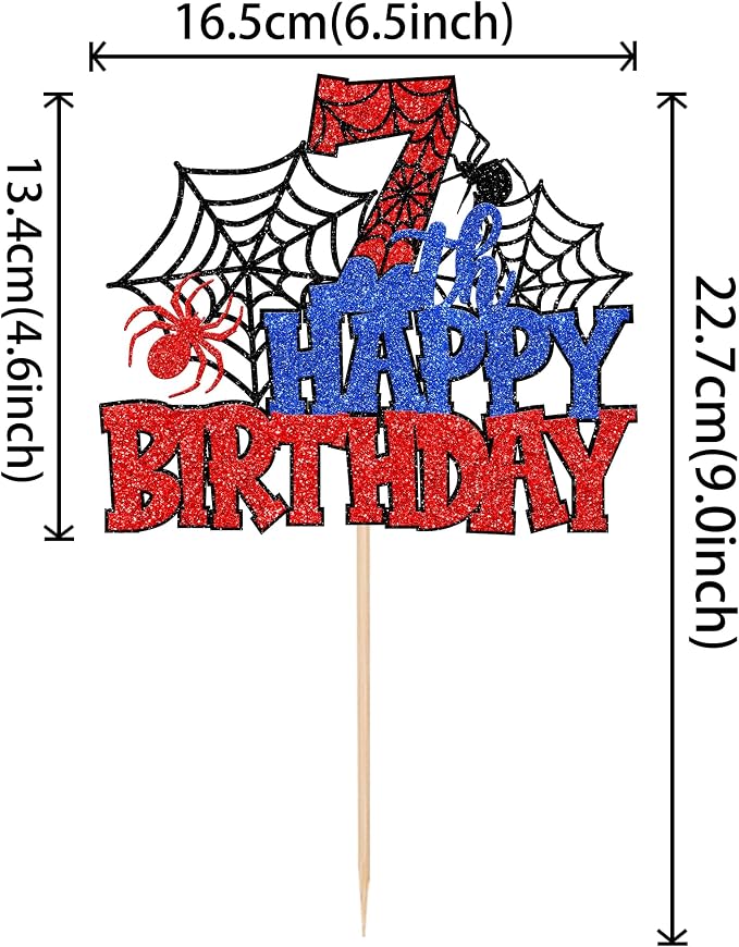 1 PCS Happy 7th Birthday Cake Topper Glitter Spider Web Cheers to 7 Years Seven Birthday Cake Pick Superhero Spider Party Decorations for Boys Girls Happy 7th Birthday Party Cake Decorations Supplies