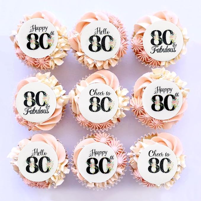 40Pcs Edible Circle Happy 80th Birthday Cupcake Toppers Edible Floral Hello 80 Fabulous Cheers to 80 Cupcake Picks Drink Toppers for Funny Female Floral 80th Birthday Party Decorations