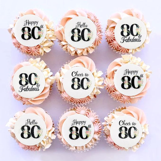 40Pcs Edible Circle Happy 80th Birthday Cupcake Toppers Edible Floral Hello 80 Fabulous Cheers to 80 Cupcake Picks Drink Toppers for Funny Female Floral 80th Birthday Party Decorations